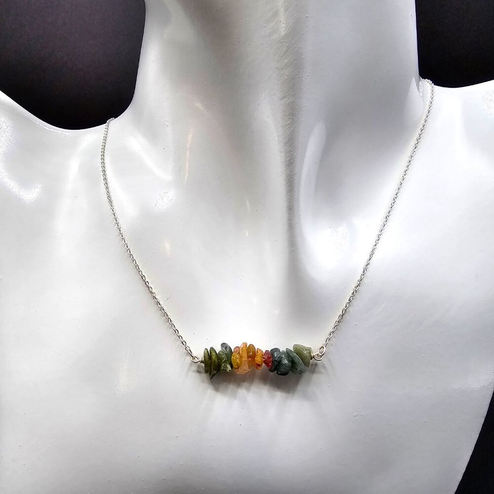 Sterling Silver Necklace with Multi-Color Tourmaline Chip Bar 16.5" - 18.5" Long